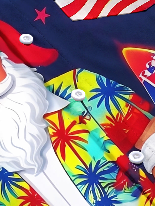 Hawaiian Summer Christmas Santa Claus Beach Flag Independence Day Men's Pocket Short Sleeve Shirts