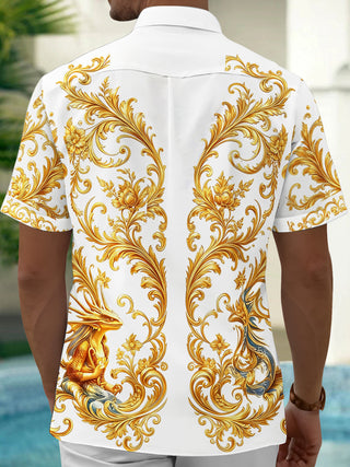 Art Luxury Gilded Scroll Grass Dragon Pattern Men's Pocket Short Sleeve Shirts