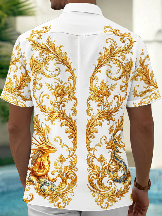 Art Luxury Gilded Scroll Grass Dragon Pattern Men's Pocket Short Sleeve Shirts