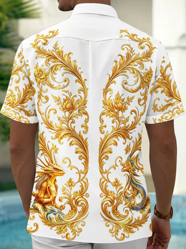 Art Luxury Gilded Scroll Grass Dragon Pattern Men's Pocket Short Sleeve Shirts