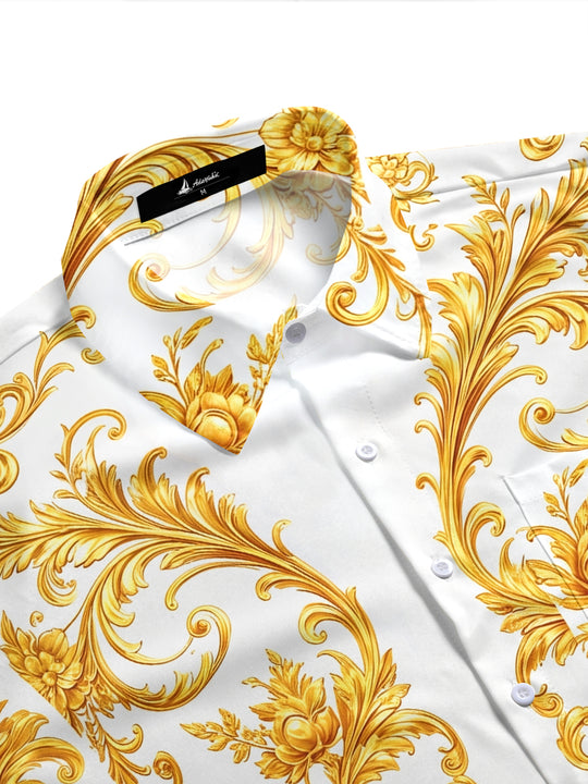 Art Luxury Gilded Scroll Grass Dragon Pattern Men's Pocket Short Sleeve Shirts