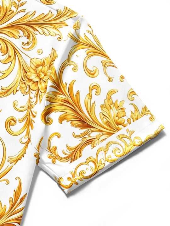 Art Luxury Gilded Scroll Grass Dragon Pattern Men's Pocket Short Sleeve Shirts