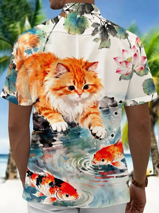Art Ink Wash Orange Cat Koi Lotus Men's Pocket Short Sleeve Shirts