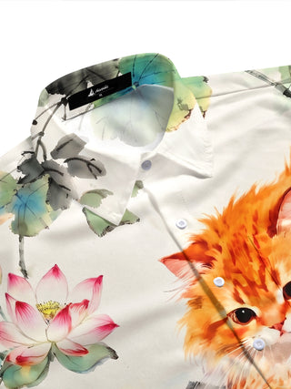 Art Ink Wash Orange Cat Koi Lotus Men's Pocket Short Sleeve Shirts