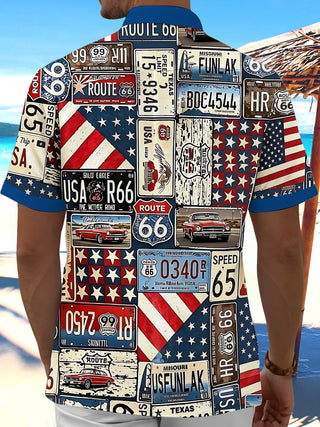 Vintage Route 66 License Plate Classic Car Star-Spangled Banner Independence Day Men's Pocket Short Sleeve Shirts