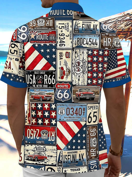 Vintage Route 66 License Plate Classic Car Star-Spangled Banner Independence Day Men's Pocket Short Sleeve Shirts
