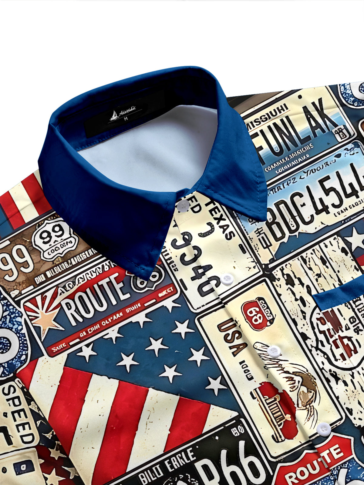 Vintage Route 66 License Plate Classic Car Star-Spangled Banner Independence Day Men's Pocket Short Sleeve Shirts