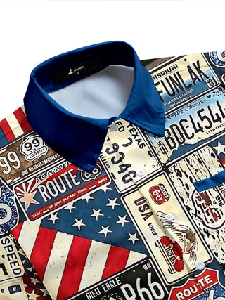 Vintage Route 66 License Plate Classic Car Star-Spangled Banner Independence Day Men's Pocket Short Sleeve Shirts