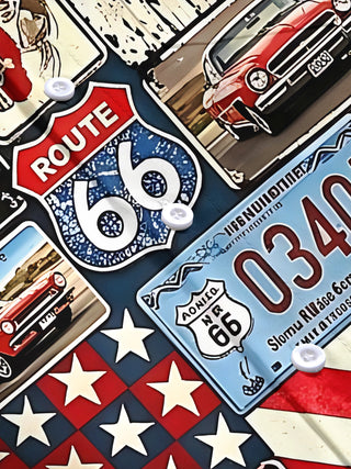Vintage Route 66 License Plate Classic Car Star-Spangled Banner Independence Day Men's Pocket Short Sleeve Shirts
