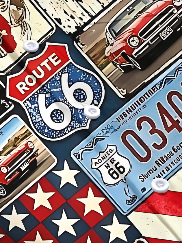 Vintage Route 66 License Plate Classic Car Star-Spangled Banner Independence Day Men's Pocket Short Sleeve Shirts