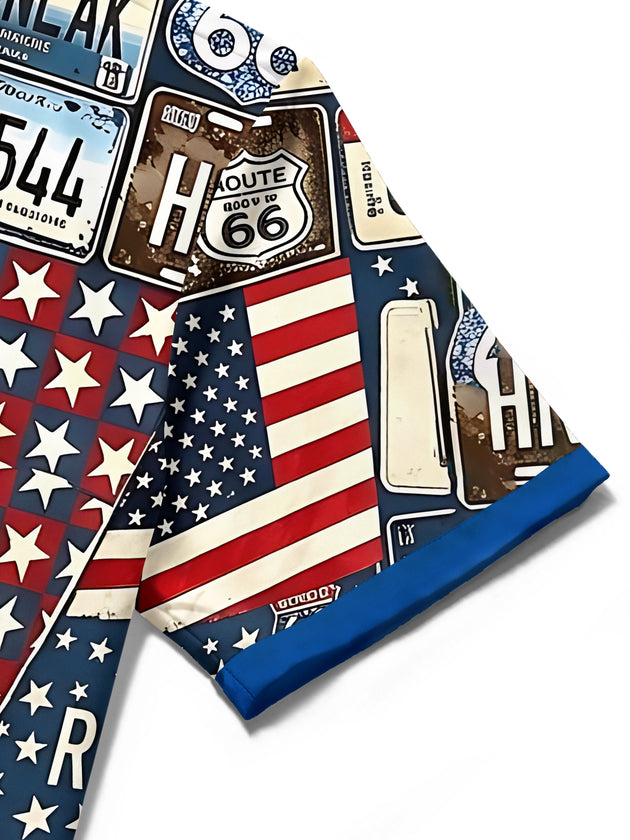 Vintage Route 66 License Plate Classic Car Star-Spangled Banner Independence Day Men's Pocket Short Sleeve Shirts