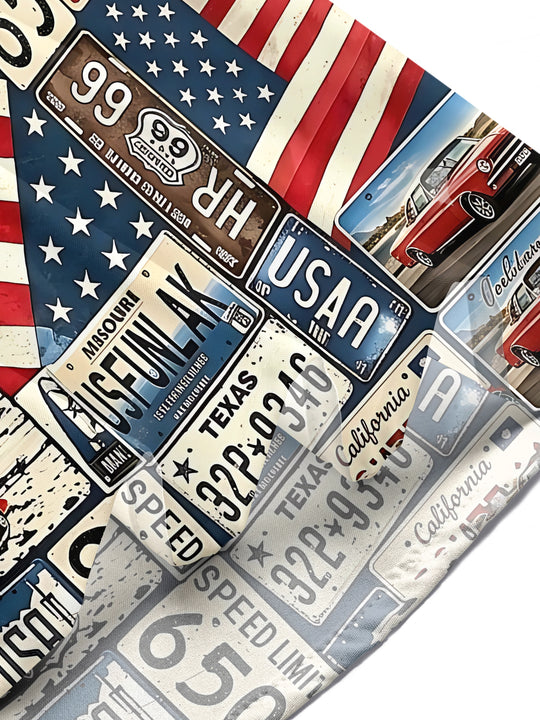Vintage Route 66 License Plate Classic Car Star-Spangled Banner Independence Day Men's Pocket Short Sleeve Shirts