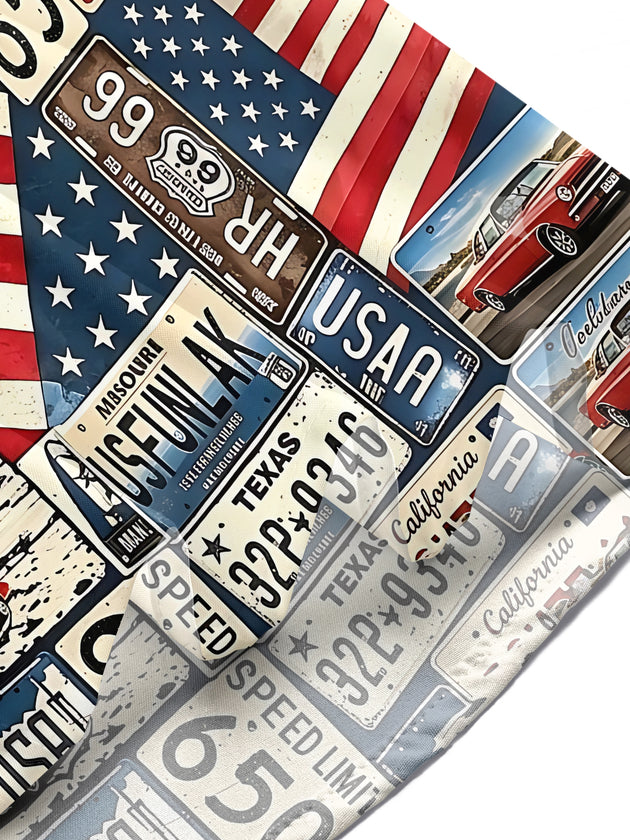 Vintage Route 66 License Plate Classic Car Star-Spangled Banner Independence Day Men's Pocket Short Sleeve Shirts