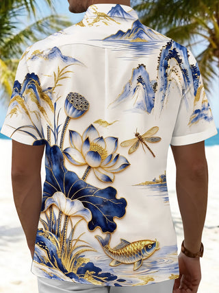 Art Cyan-Gold Landscape Lotus Koi Dragonfly Men's Pocket Short Sleeve Shirts