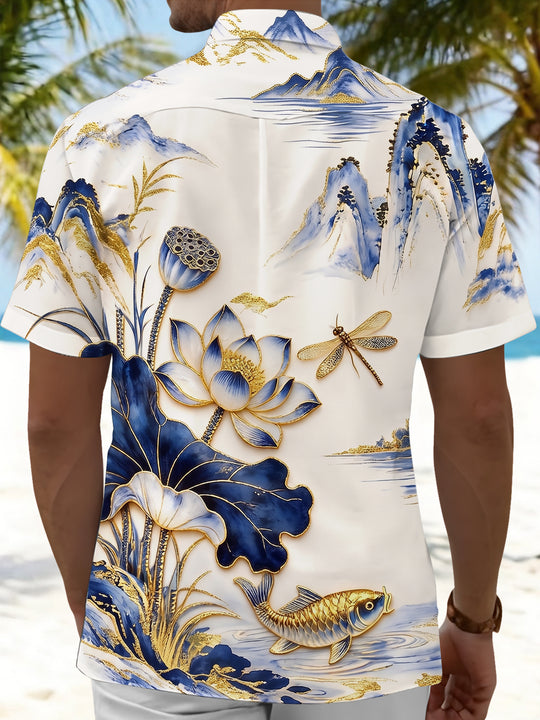 Art Cyan-Gold Landscape Lotus Koi Dragonfly Men's Pocket Short Sleeve Shirts