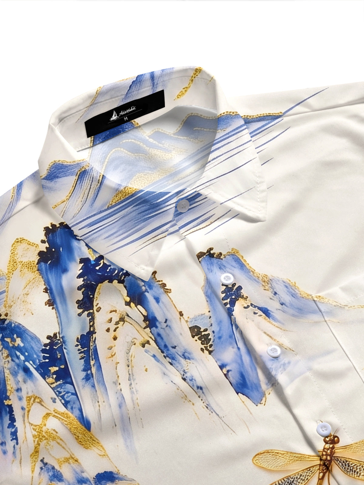 Art Cyan-Gold Landscape Lotus Koi Dragonfly Men's Pocket Short Sleeve Shirts