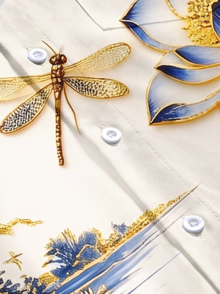 Art Cyan-Gold Landscape Lotus Koi Dragonfly Men's Pocket Short Sleeve Shirts