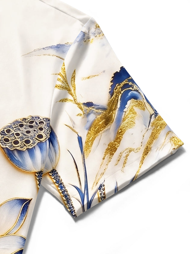 Art Cyan-Gold Landscape Lotus Koi Dragonfly Men's Pocket Short Sleeve Shirts