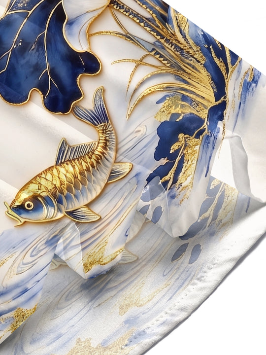 Art Cyan-Gold Landscape Lotus Koi Dragonfly Men's Pocket Short Sleeve Shirts