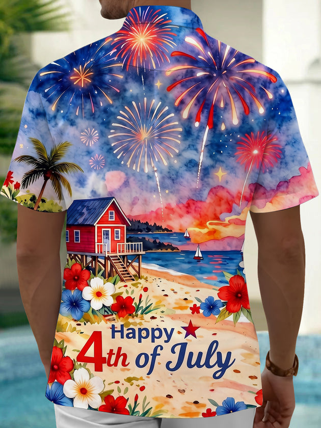 Independence Day Hawaiian Seaside Fireworks Men's Pocket Short Sleeve Shirts