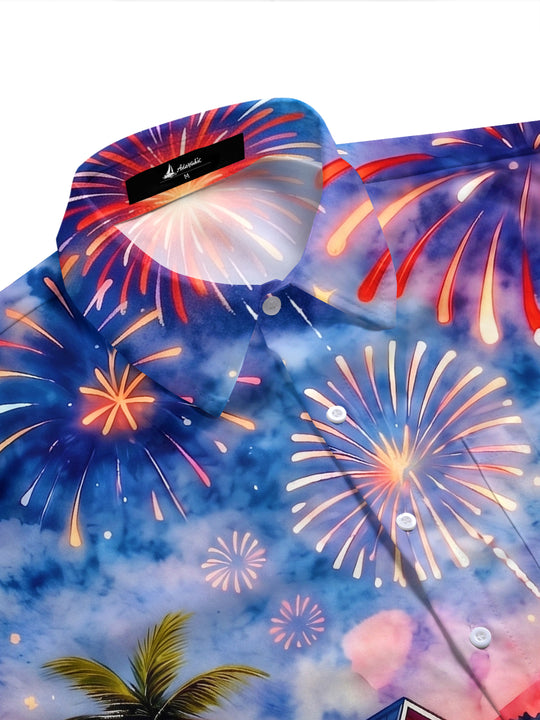 Independence Day Hawaiian Seaside Fireworks Men's Pocket Short Sleeve Shirts