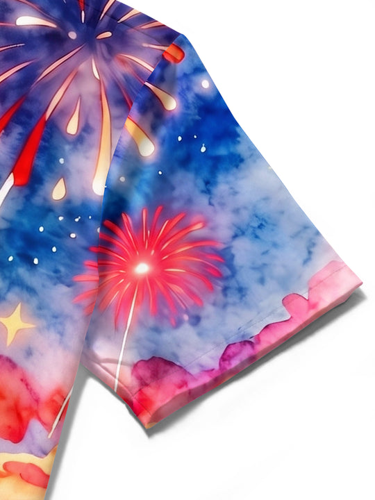 Independence Day Hawaiian Seaside Fireworks Men's Pocket Short Sleeve Shirts