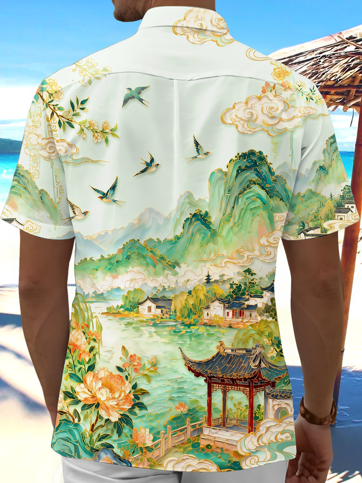 Art Green Gilded Landscape Pavilion Men's Pocket Short Sleeve Shirts
