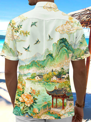 Art Green Gilded Landscape Pavilion Men's Pocket Short Sleeve Shirts