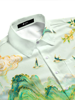 Art Green Gilded Landscape Pavilion Men's Pocket Short Sleeve Shirts