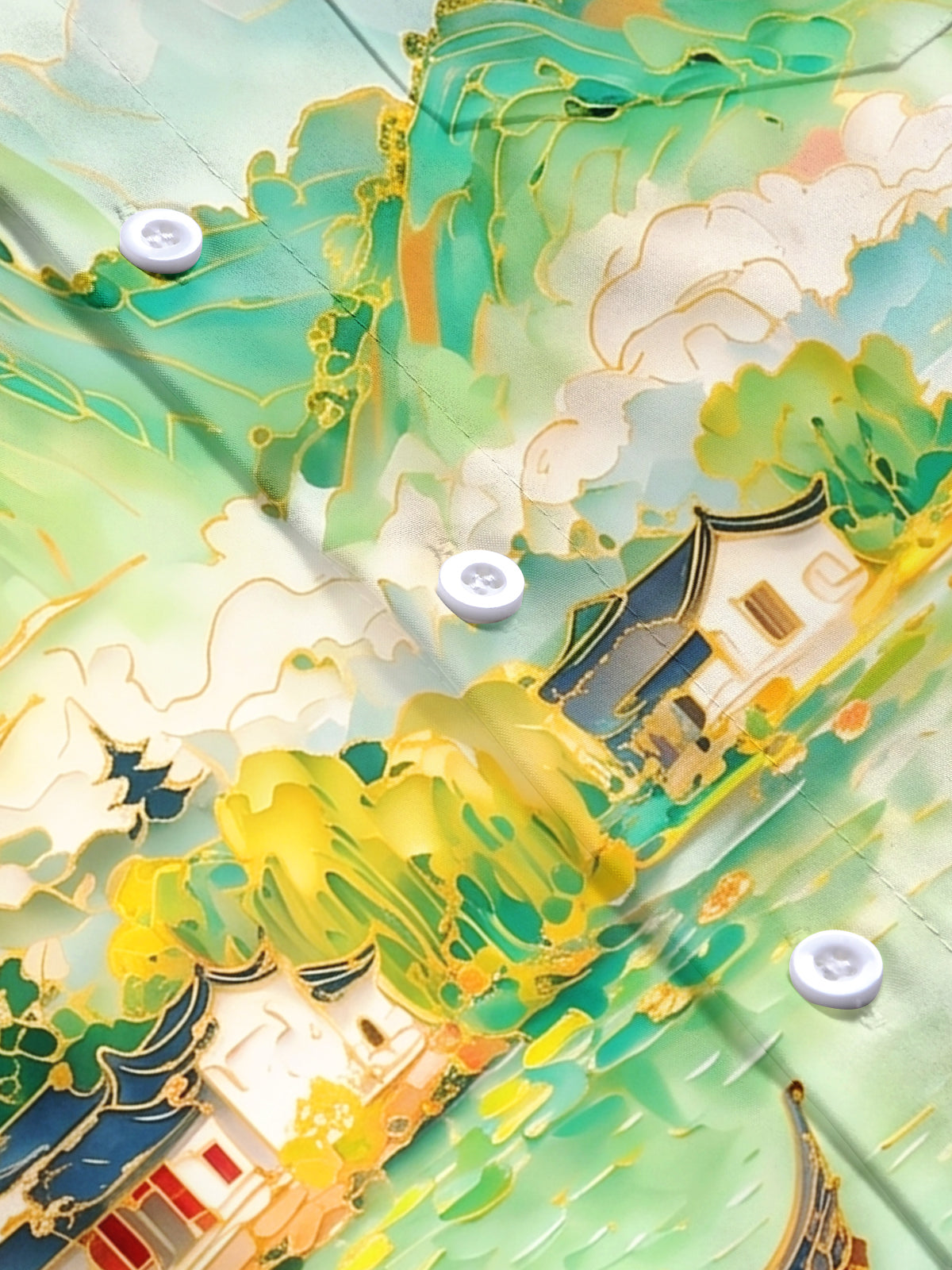 Art Green Gilded Landscape Pavilion Men's Pocket Short Sleeve Shirts
