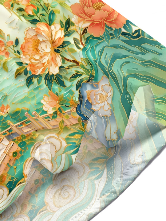 Art Green Gilded Landscape Pavilion Men's Pocket Short Sleeve Shirts