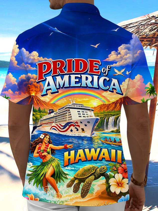 Hawaiian Hula Girl American Pride Cruise Vacation Turtle Men's Pocket Short Sleeve Shirts