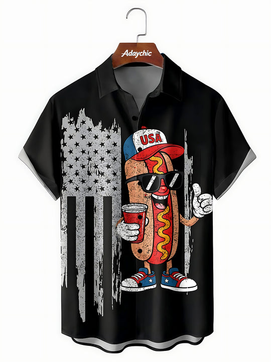 Independence American Flag Hot Dog Men's Pocket Short Sleeve Shirts