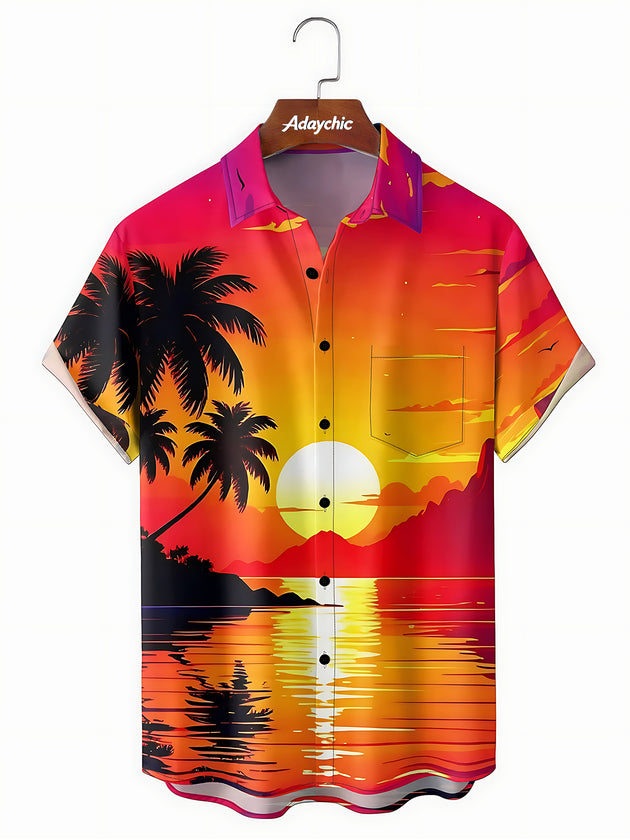 Hawaiian Sunset Coconut Trees Men's Pocket Short Sleeve Shirts
