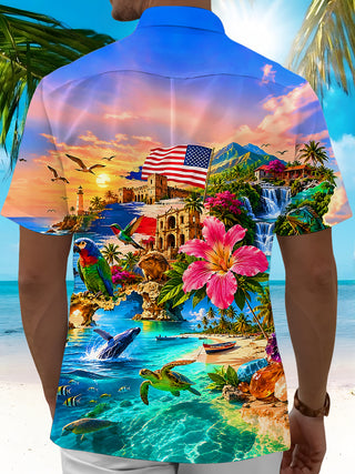 Puerto Rico Flag Tropical Hawaii Animal Ocean World Men's Pocket Short Sleeve Shirts