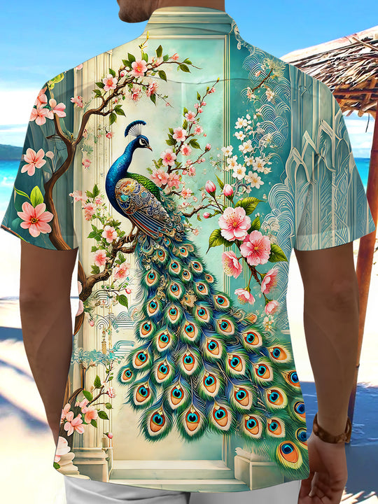 Art Peacock Cherry Blossom Floral Men's Pocket Short Sleeve Shirts