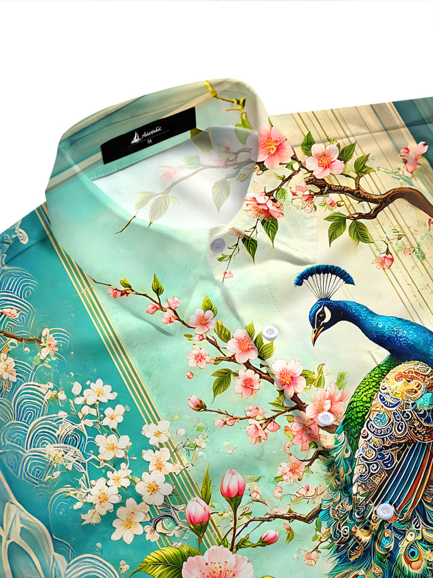 Art Peacock Cherry Blossom Floral Men's Pocket Short Sleeve Shirts
