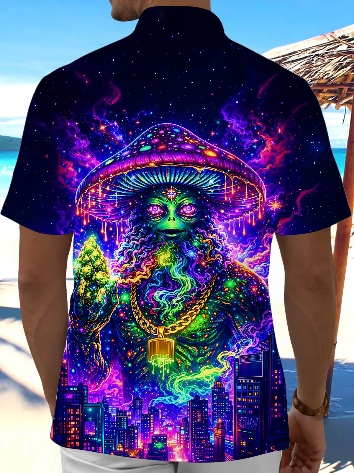 Dark Neon Mushroom Figure City Night View Men's Pocket Short Sleeve Shirts