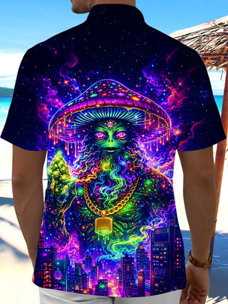 Dark Neon Mushroom Figure City Night View Men's Pocket Short Sleeve Shirts