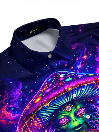 Dark Neon Mushroom Figure City Night View Men's Pocket Short Sleeve Shirts