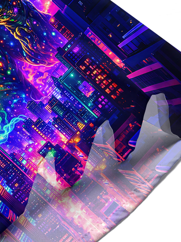 Dark Neon Mushroom Figure City Night View Men's Pocket Short Sleeve Shirts