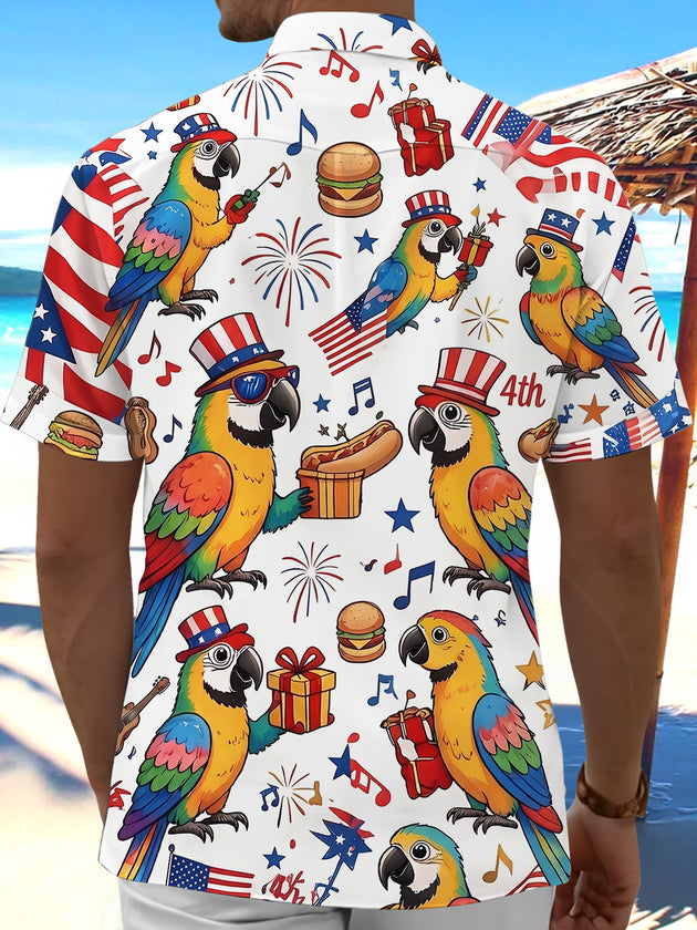 Fun Hawaii Independence Day Parrot Burger Hot Dog Music Note Men's Pocket Short Sleeve Shirts