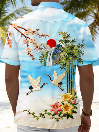 Art Crane Landscape Bamboo Leaf Flower Men's Pocket Short Sleeve Shirts