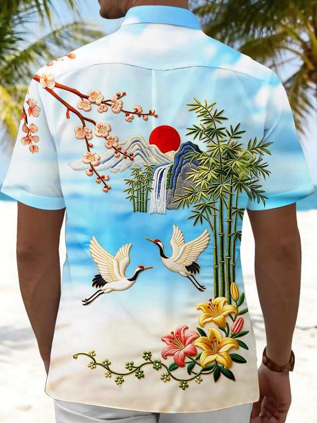 Art Crane Landscape Bamboo Leaf Flower Men's Pocket Short Sleeve Shirts