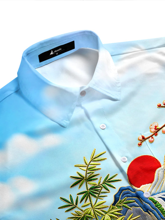 Art Crane Landscape Bamboo Leaf Flower Men's Pocket Short Sleeve Shirts