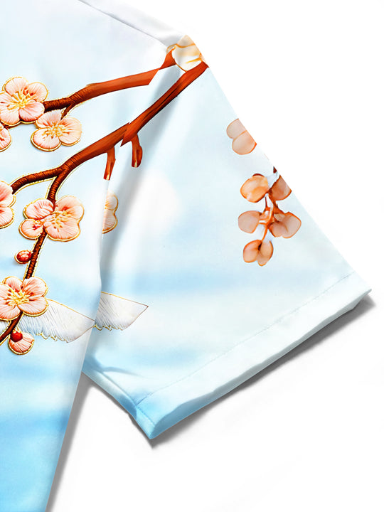 Art Crane Landscape Bamboo Leaf Flower Men's Pocket Short Sleeve Shirts