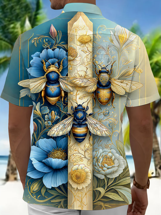 Retro Art Gilded Bee Blue & Golden Flower Men's Pocket Short Sleeve Shirts