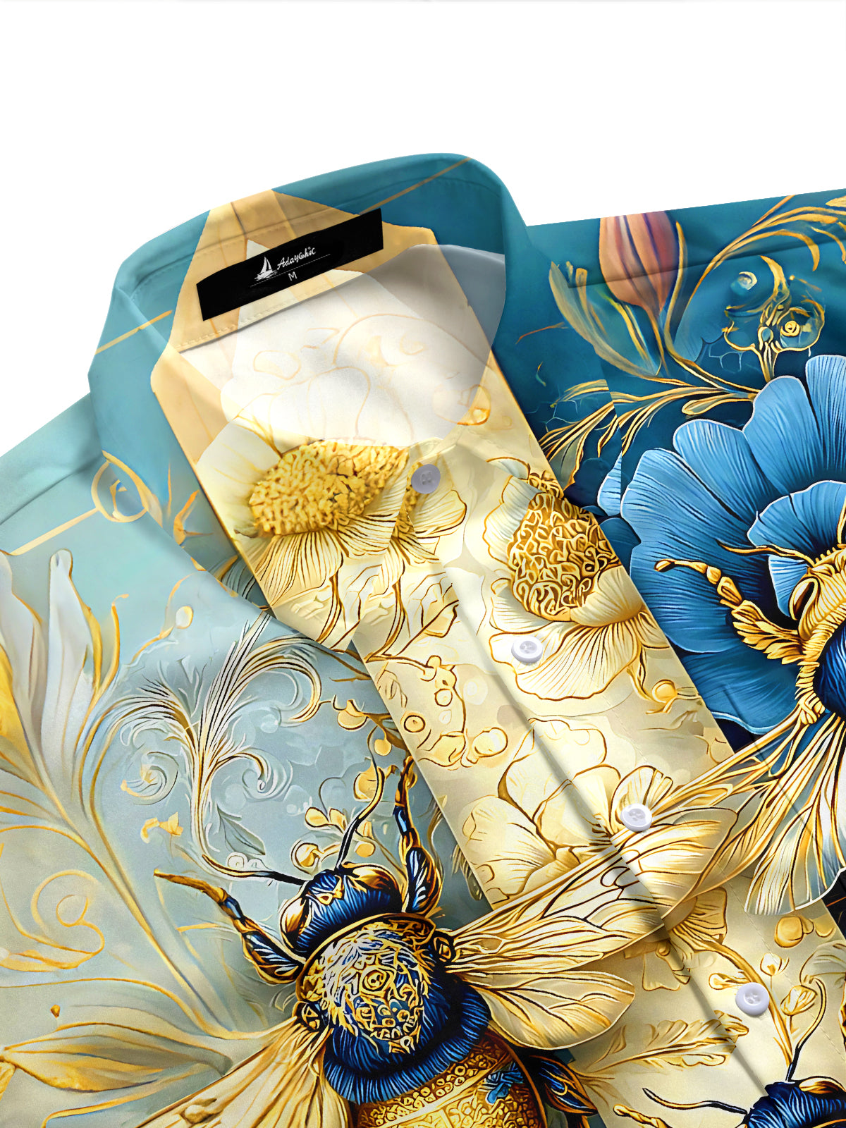 Retro Art Gilded Bee Blue & Golden Flower Men's Pocket Short Sleeve Shirts