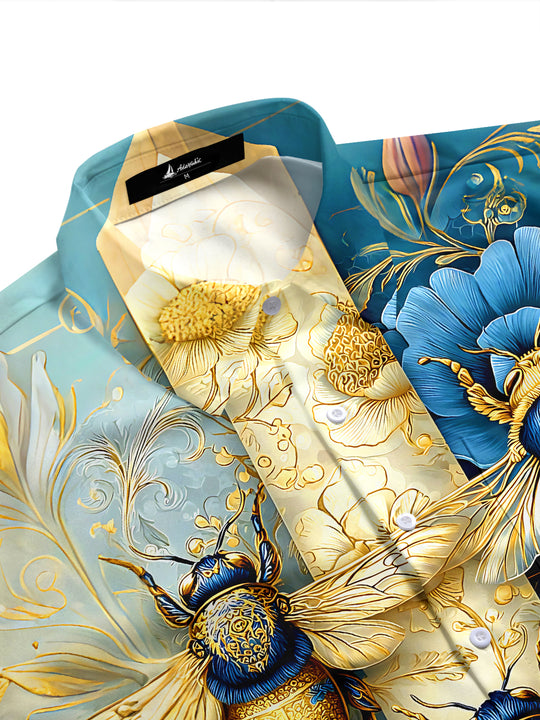 Retro Art Gilded Bee Blue & Golden Flower Men's Pocket Short Sleeve Shirts