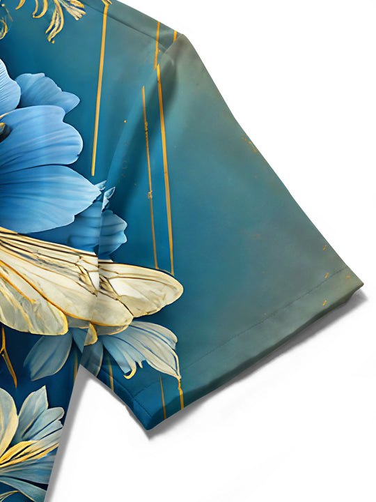 Retro Art Gilded Bee Blue & Golden Flower Men's Pocket Short Sleeve Shirts